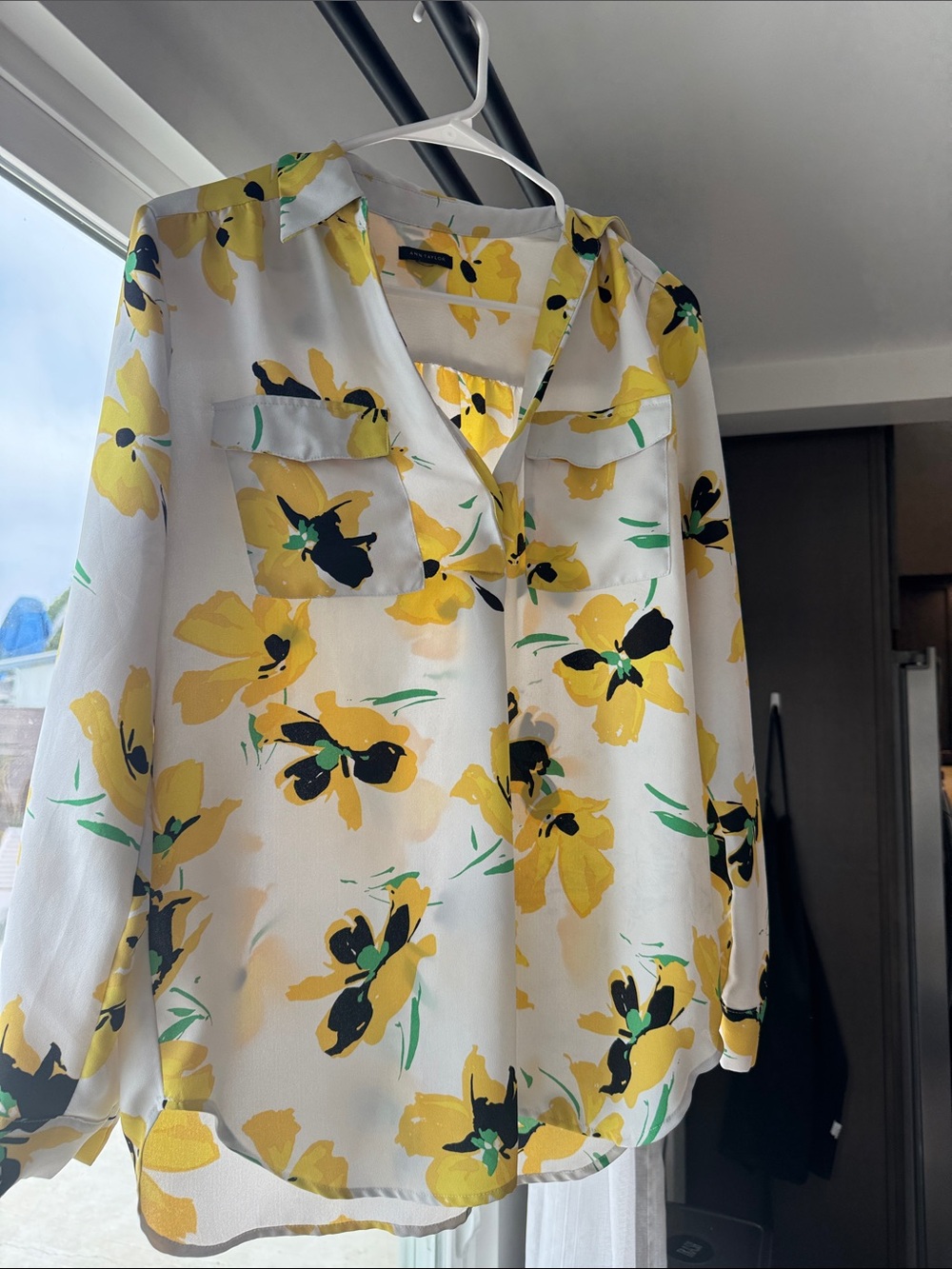 Ann Taylor White Blouse with Yellow Floral Print